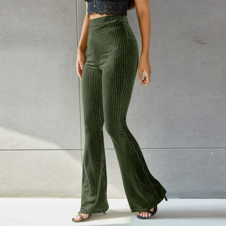 Women Clothing Sexy Solid Color High Waist Pleuche Sunken Stripe Bell Bottom Pants