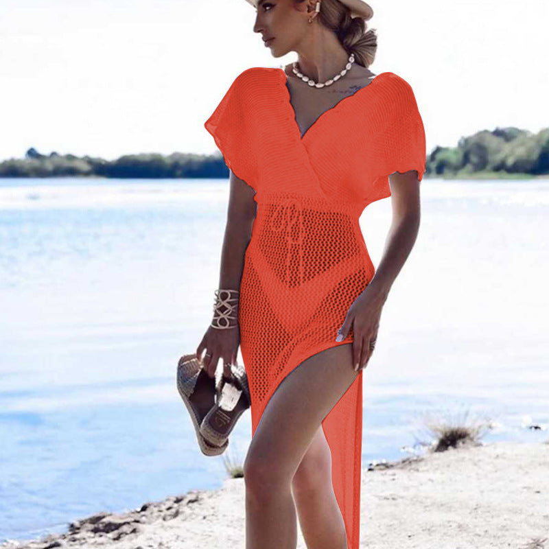 Summer Beach Dress Sexy Slit Short Sleeve Hollow Out Cutout out Strap Bikini Sun Shield Hanfu Long Robe Dress Crochet hook Crochet hook Crochet hook