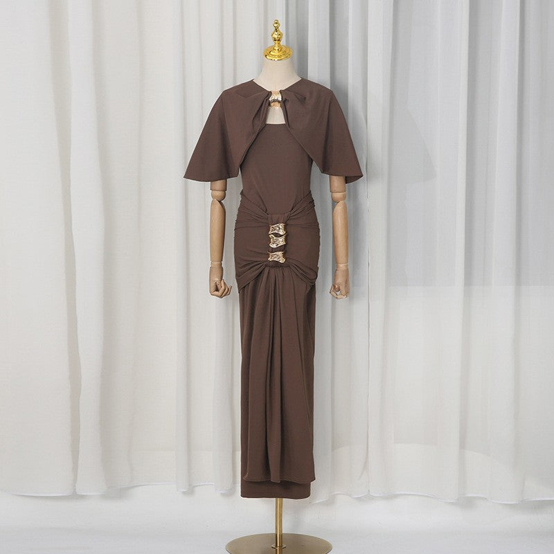 Elegant Lady Shawl Dress Summer Solid Color Stitching Metal Buckle Tight Waist Slim Hip Dress