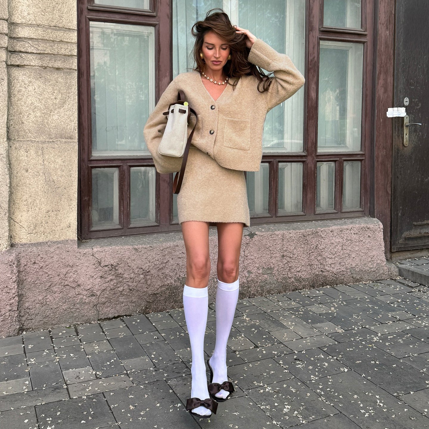 Autumn Winter Solid Color Long Sleeve Casual Cardigan Sweater Coat Skirt Outfit Classic Two Piece Set