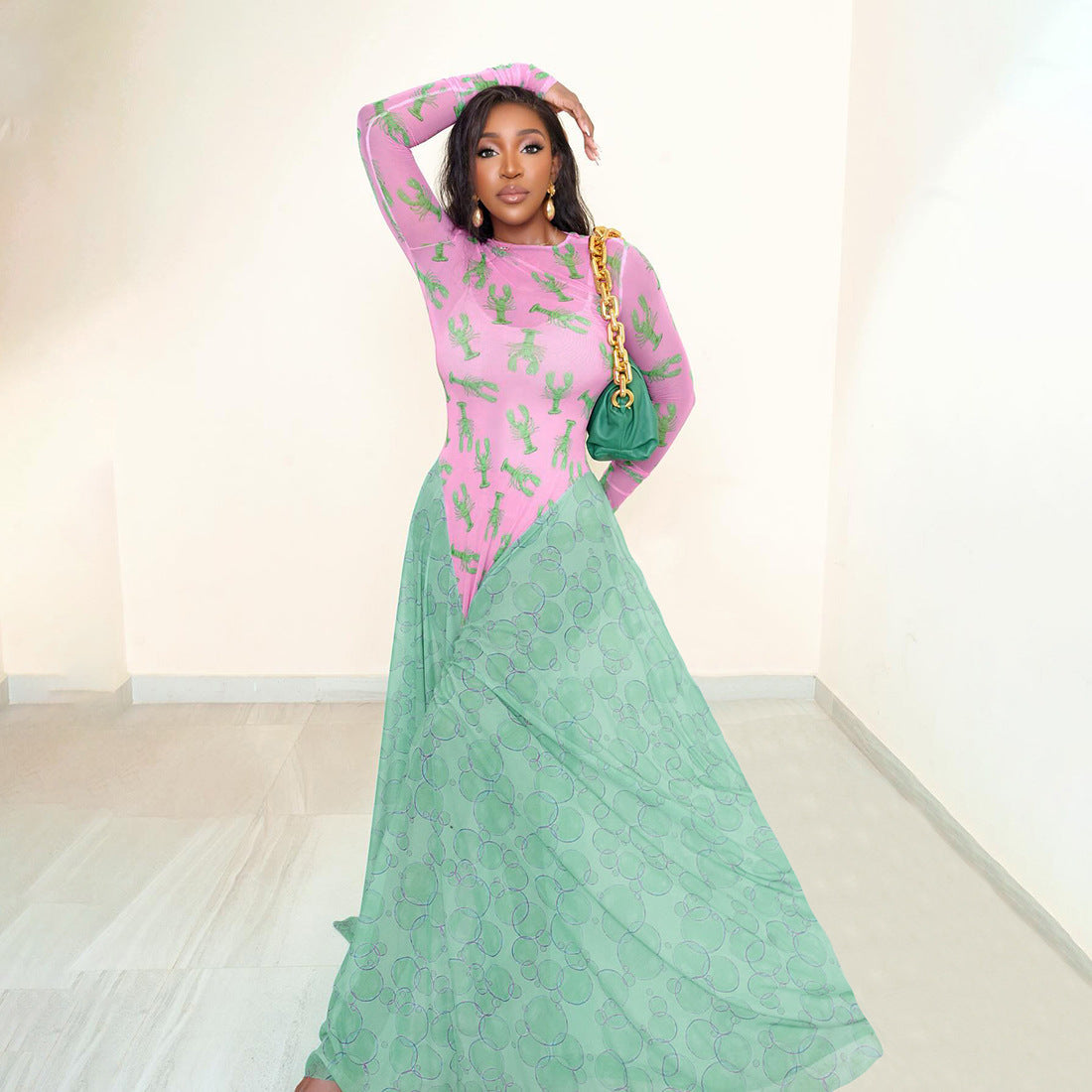 Autumn Retro Women Mesh round Neck Contrast Color Loose Waist Controlled Long Sleeves Printing Dress