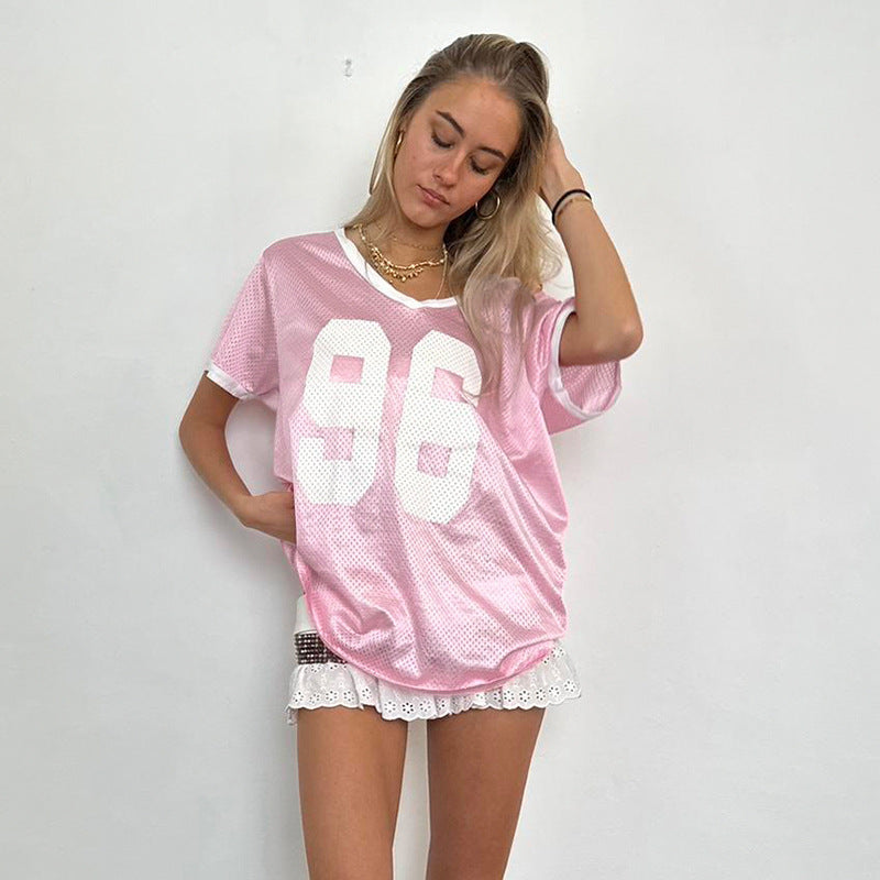 Digital Printing Contrast Color off the Shoulder Loose Casual Top Sexy Street V neck Sports Quick Drying T shirt