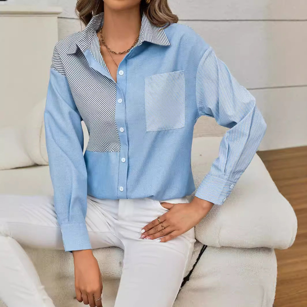 Women Clothing Autumn Striped Stitching Open Women Shirt