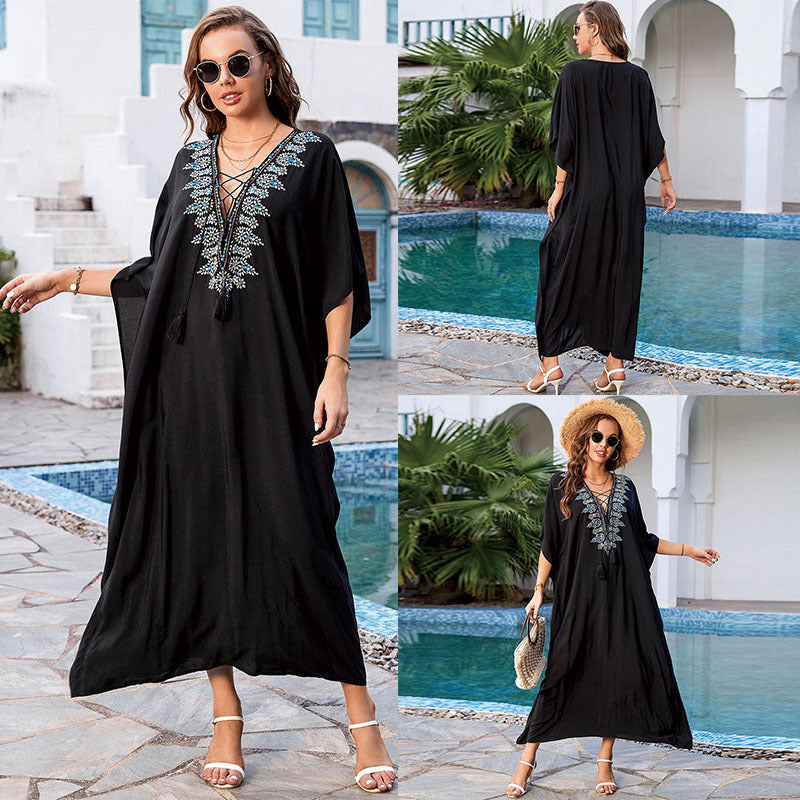 Rayon Embroidered Vacation Robe Loose Maxi Dress Women Beach Sun Protection Coat Beach Cover Up
