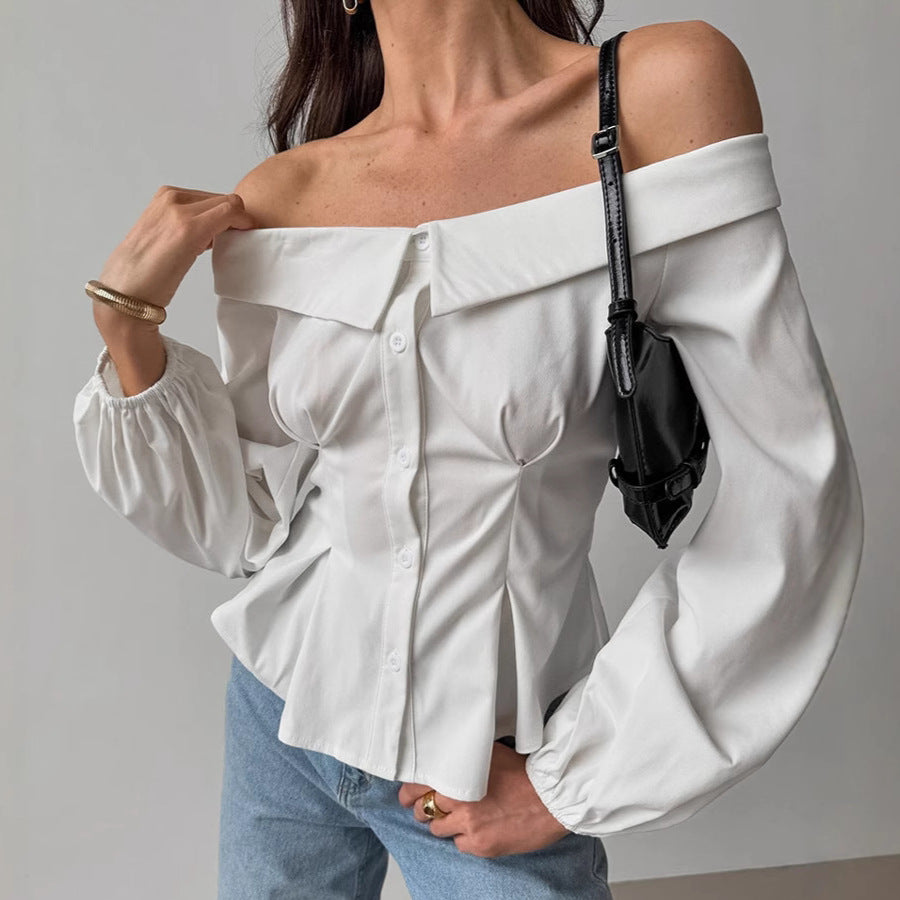 Spring French Sexy off Shoulder Collar off Shoulder Shirt Women Top