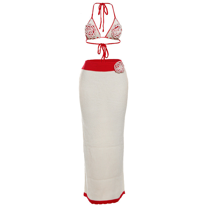 Women Clothing Autumn Sexy Knitted Crochet Halter Small Sling Contrast Color Slim Fit Skirt Two Piece Sets