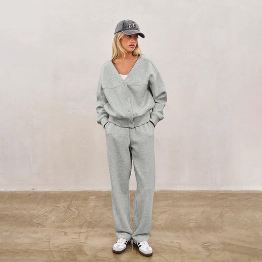 Autumn Button Cardigan Coat High Waist Solid Color Loose Trousers Idle Set