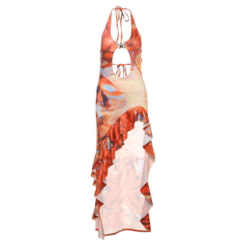 Spring Summer Women Clothing Sexy Halter Backless Contrast Color Ruffled Dress Women