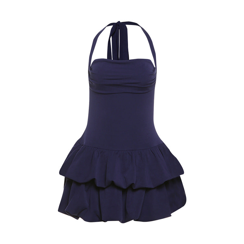 Spring Sexy Backless Slim Fit Tube Top puffy dress Halter Lace up Solid Color