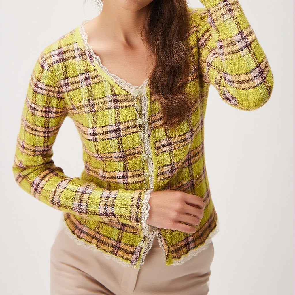 Fall Women Clothing Wild Lace Plaid Slim Fit Buttoned Long Sleeved Top