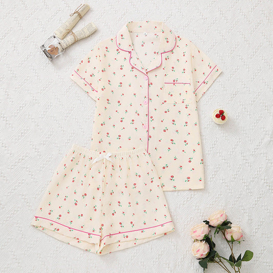 Summer Bubble Wrinkle Pink Floral Cute Cartoon Short Sleeve Shorts Women Thin Homewear Two Piece Sets