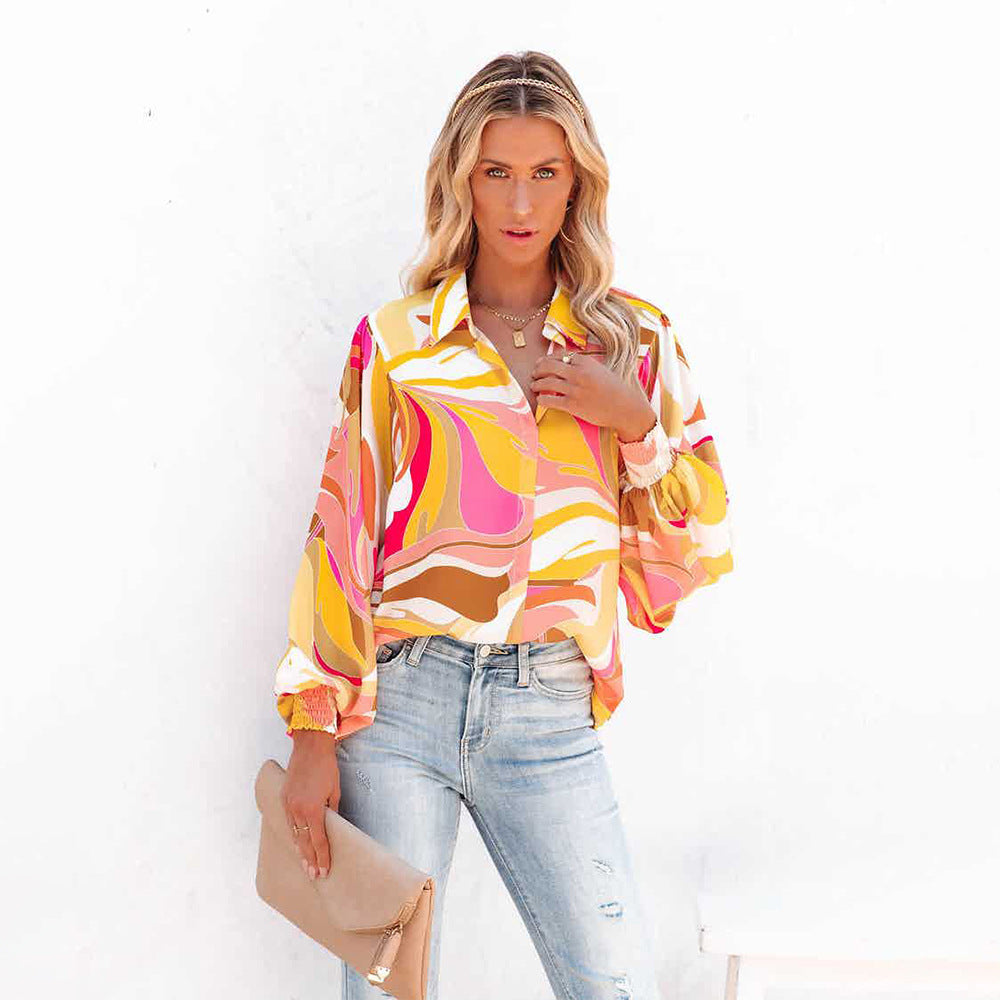 Autumn Print Lantern Sleeve Collared Cardigan Single-Breasted Casual Shirt Women