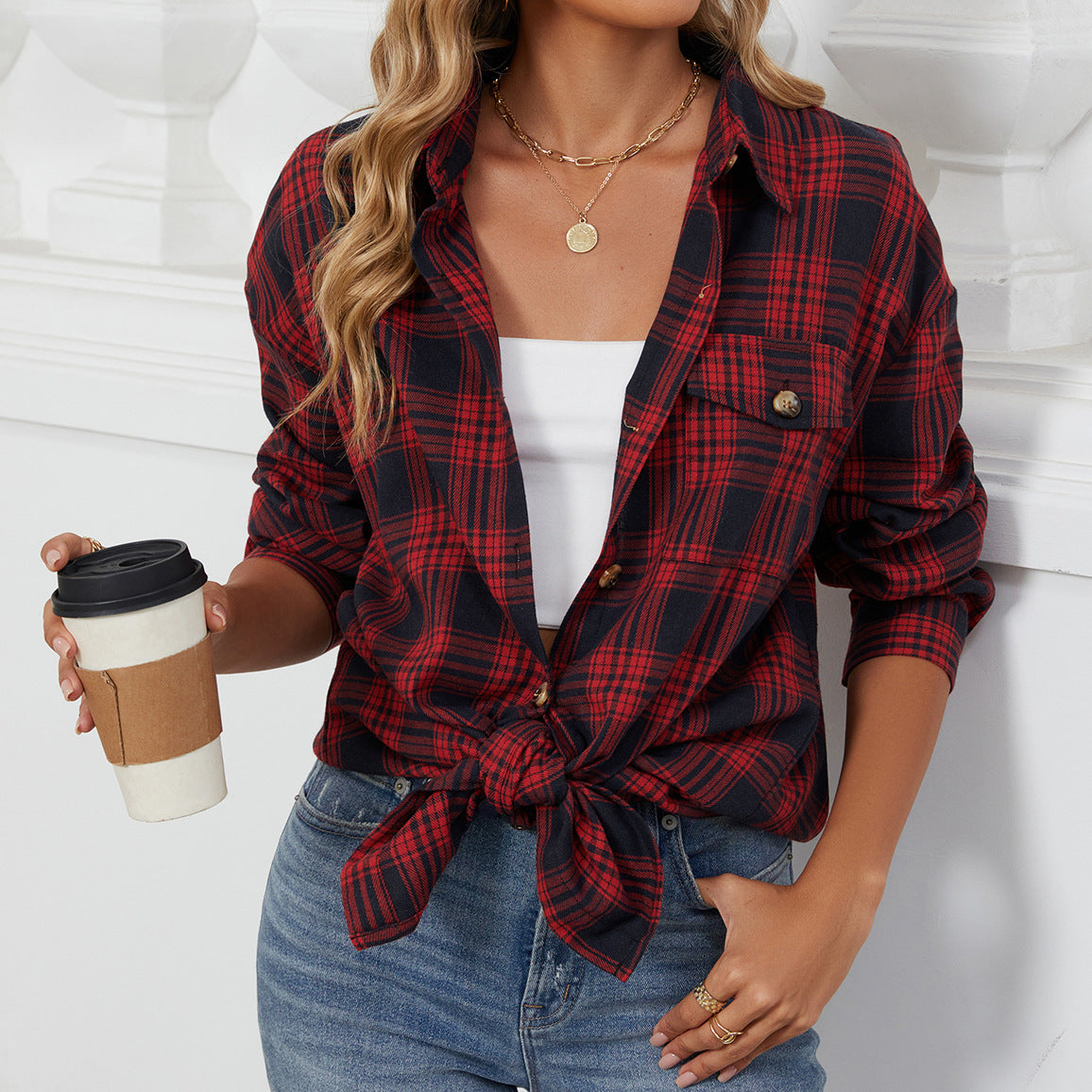 Autumn Winter Oversize Plaid Shirt Brushed Long Sleeve Shirt