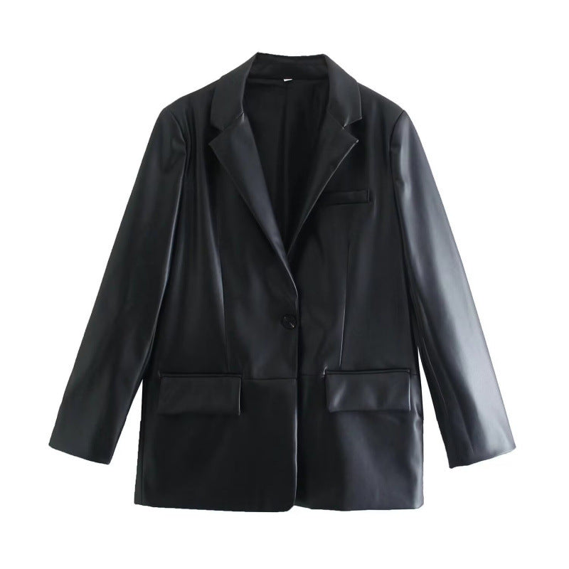Women Lapel Leather Blazer