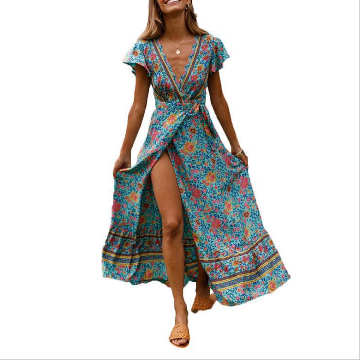 Casual vacation 8 printed dresses. Pin women's clothing lace-up big pendulum showing thin short sleeves