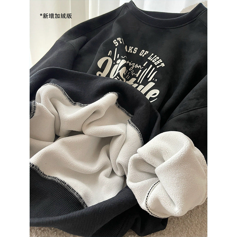 Mottled Tone Casual Letter Graphic Printed Casual round Neck Loose Shoulder Sweatshirt