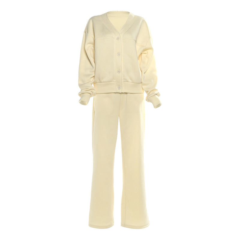 Autumn Button Cardigan Coat High Waist Solid Color Loose Trousers Idle Set