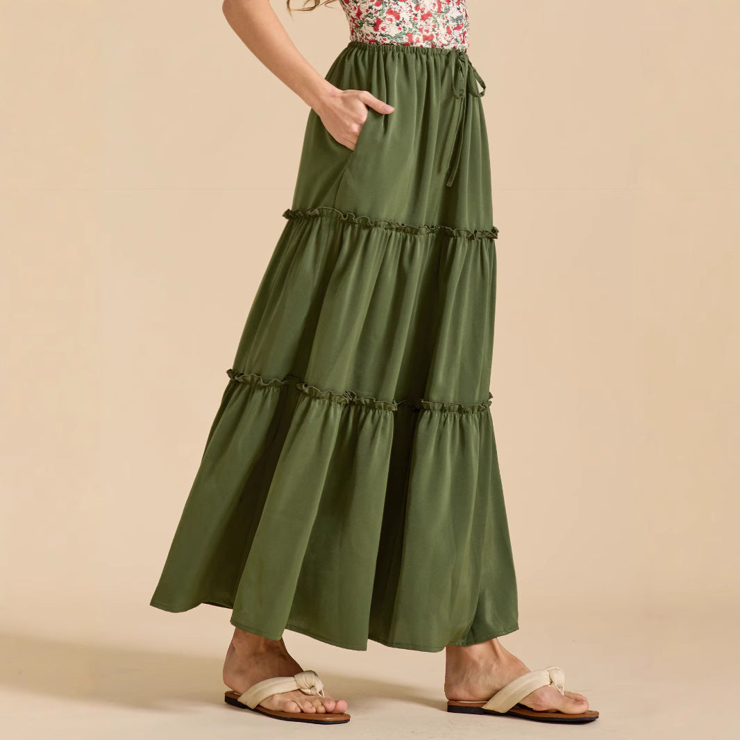 Women High Waist Elastic Pocket Long Adjustable Lace up Skirt Women