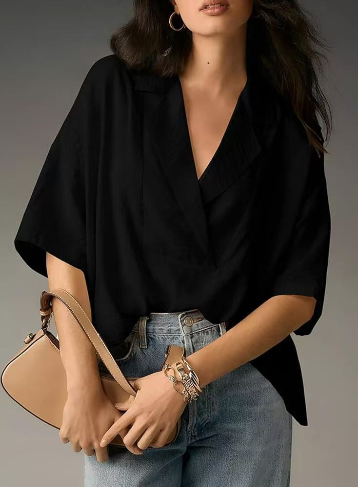 Women Summer Short Sleeve Collared Casual Loose Top Solid Color Shirt