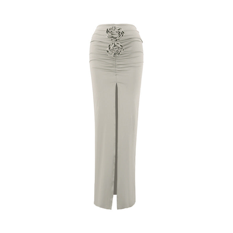 Summer Solid Color Slim Fit Three Dimensional Floral Split Drape Flab Hiding Skirt