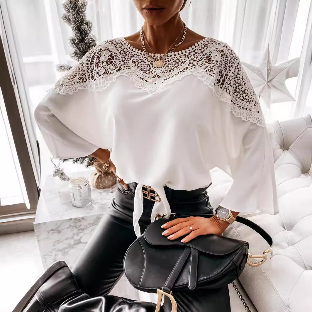 Spring Autumn Long Sleeve Lace Shirt Solid Color Office Top round Neck