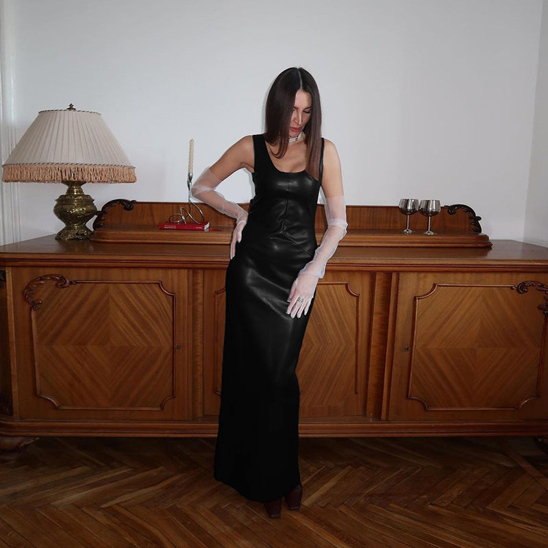 Autumn Sexy U Collar Slim Strap Faux Leather Solid Color Split Maxi Dress Women