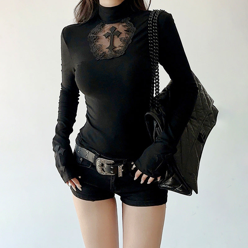 Autumn Dark Sexy Slim Hollow Out Cutout Cross Long Sleeve Top
