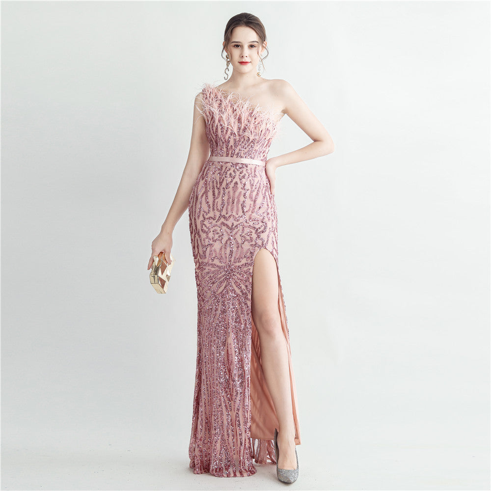 Heavy Industry Ostrich Hair Craft Bundle Hair Oblique Shoulder Side Slit High End Evening Dress
