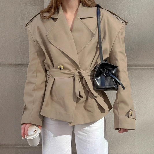 Autumn Design Trendy Casual Lace up Tight Waist Mid Length Khaki Trench Coat for Women