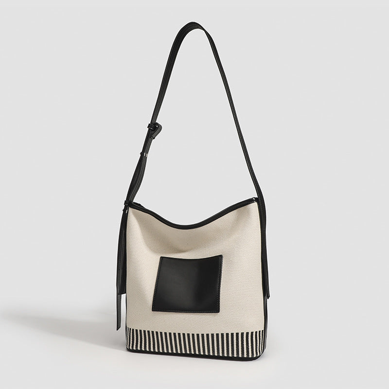 Canvas Splicing Large Capacity Bucket Bag, Wide Shoulder Strap Fashion hobo bag for women, Versatile Striped Shoulder Bag