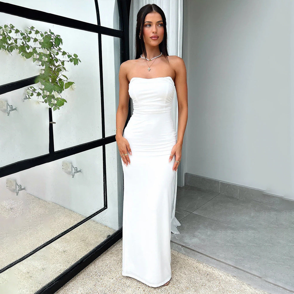 Dress Tube Top Backless Lace up Pleated Dress Sexy Slim Fit Dress