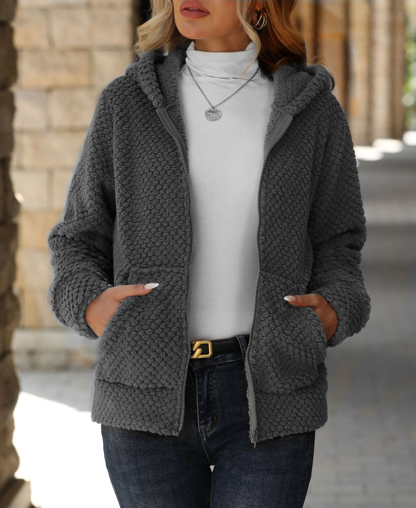 Flash Velvet Women Clothing Autumn Winter Loose Pocket Hooded Zip Cardigan Women Plush Coat