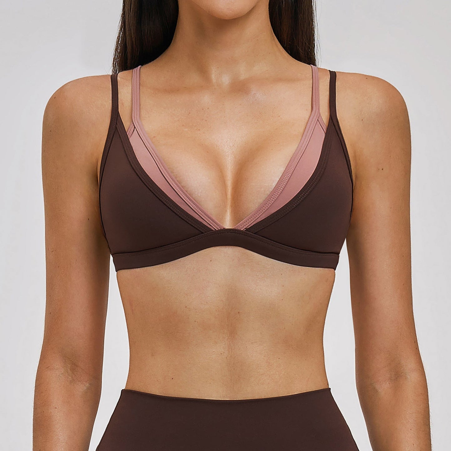 Nude Feel Beauty Back Yoga Bra Faux Two Piece Contrast Color Outdoor Casual Sports Workout Underwear Women