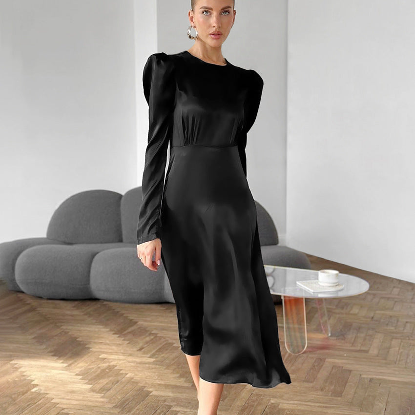 Autumn Black Thick Matte Satin round Neck Puff Sleeve Russian Office Sexy Dress Women Clothing
