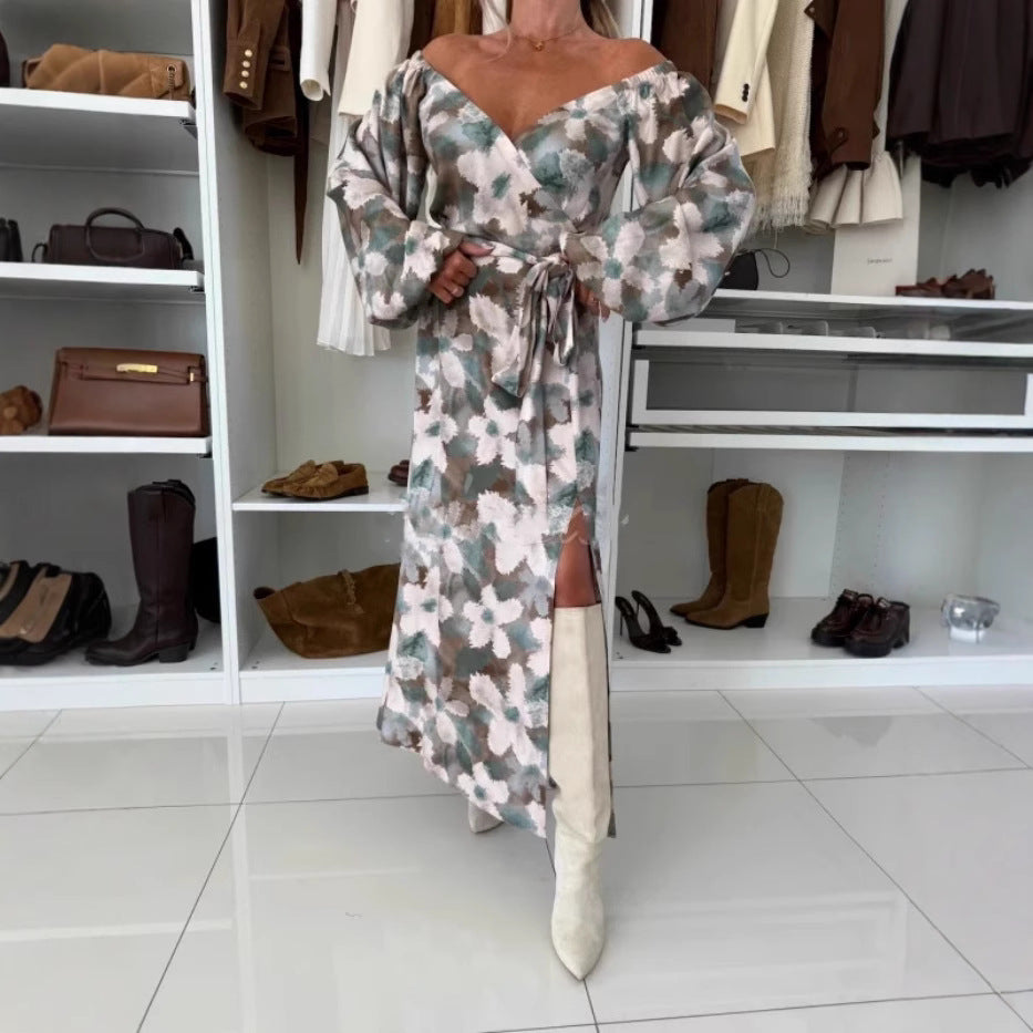 Autumn Winter Printed Waist Controlled Hem Slit Long Sleeve Dress for Women