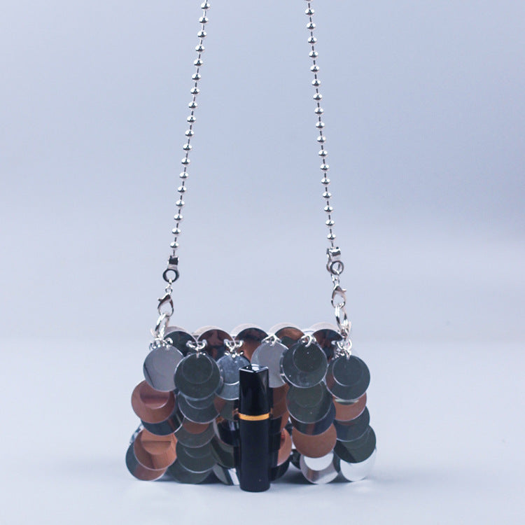 Handmade Women Woven Bag Mobile Phone Bag Chain Glitter Bling Shoulder Messenger Bag Small Bag