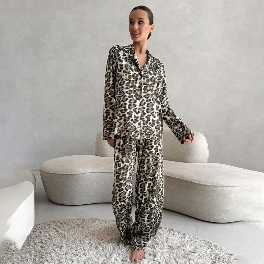 Autumn Satin Leopard Print Soft Comfortable Pajamas Long Sleeved Trousers Women Homewear