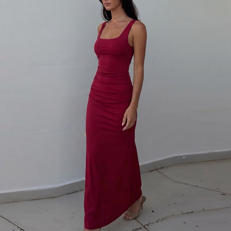 Women Summer Solid Color Low Cut Square Collar Slimming Slimming Dress