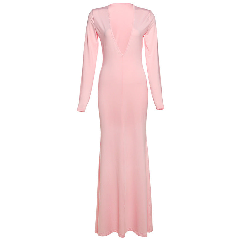 Fall Women Clothing Solid Color Slim Fit Slimming Deep V Plunge neck Sexy Sheath Long Sleeve Dress Women