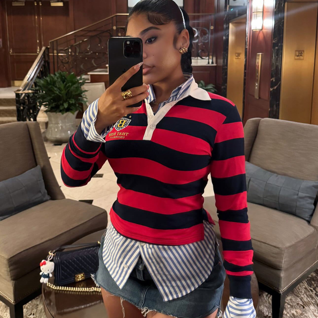 Retro Trend Loose Casual Striped Contrast Color Lapels Polo Shirt Top Sweater Women