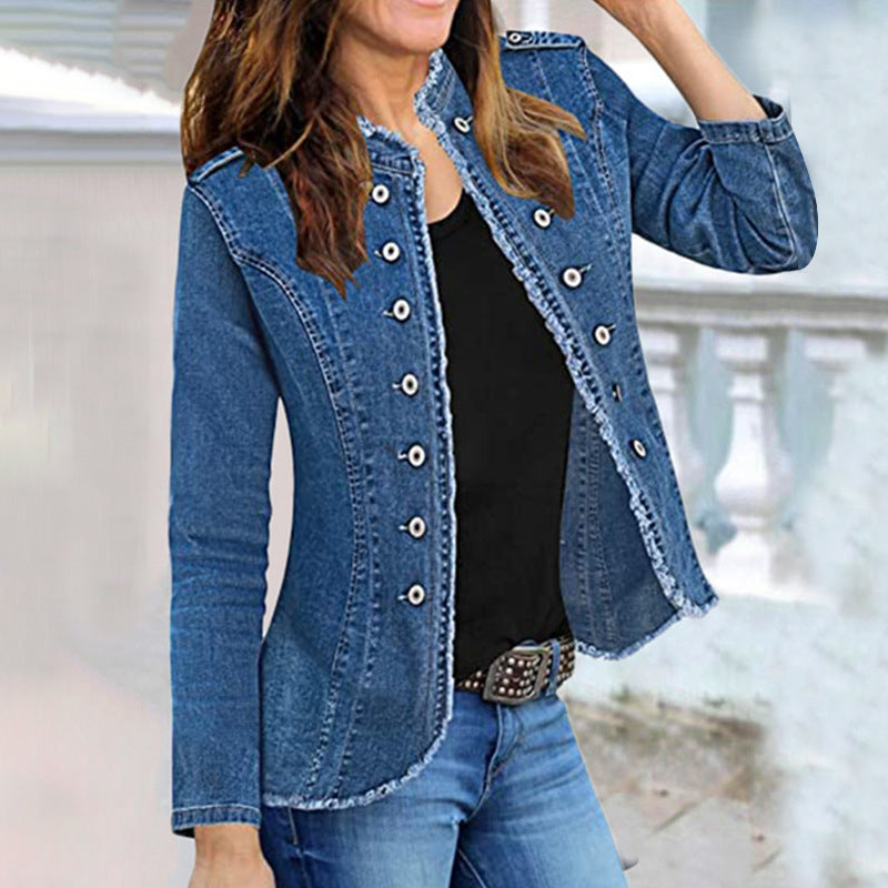 Short Jacket Denim Blazer Cat Beard Single Breasted Stand up Collar Thin Spring Autumn All Match Denim Long Sleeve Women