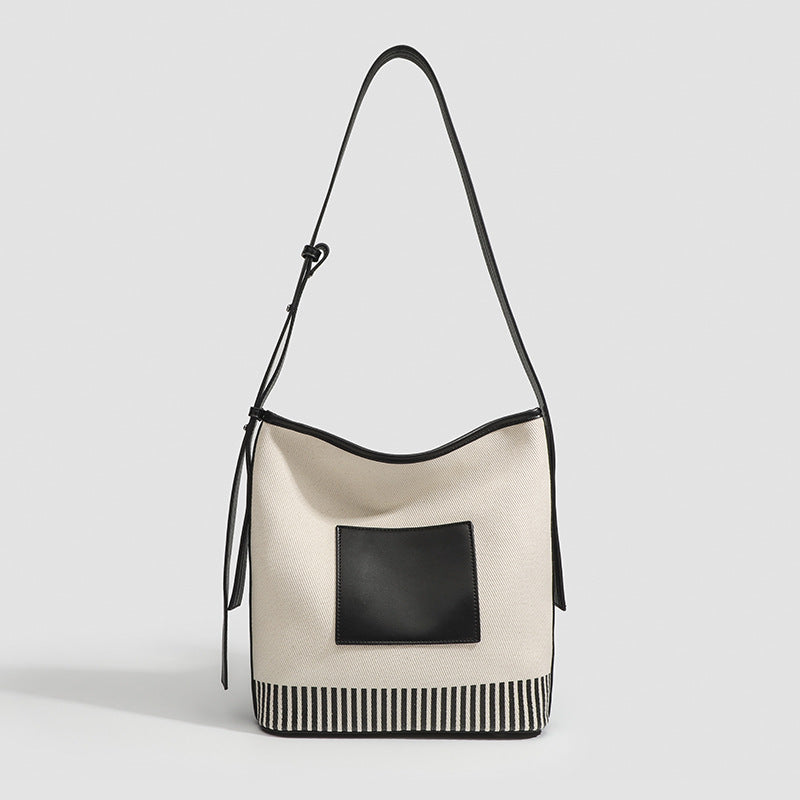 Canvas Splicing Large Capacity Bucket Bag, Wide Shoulder Strap Fashion hobo bag for women, Versatile Striped Shoulder Bag