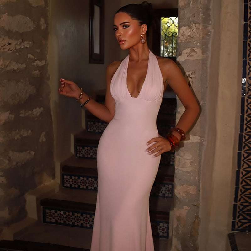 Slim Fit Solid Color Back Strap Design Sleeveless Long Sheath Halter Dress Women