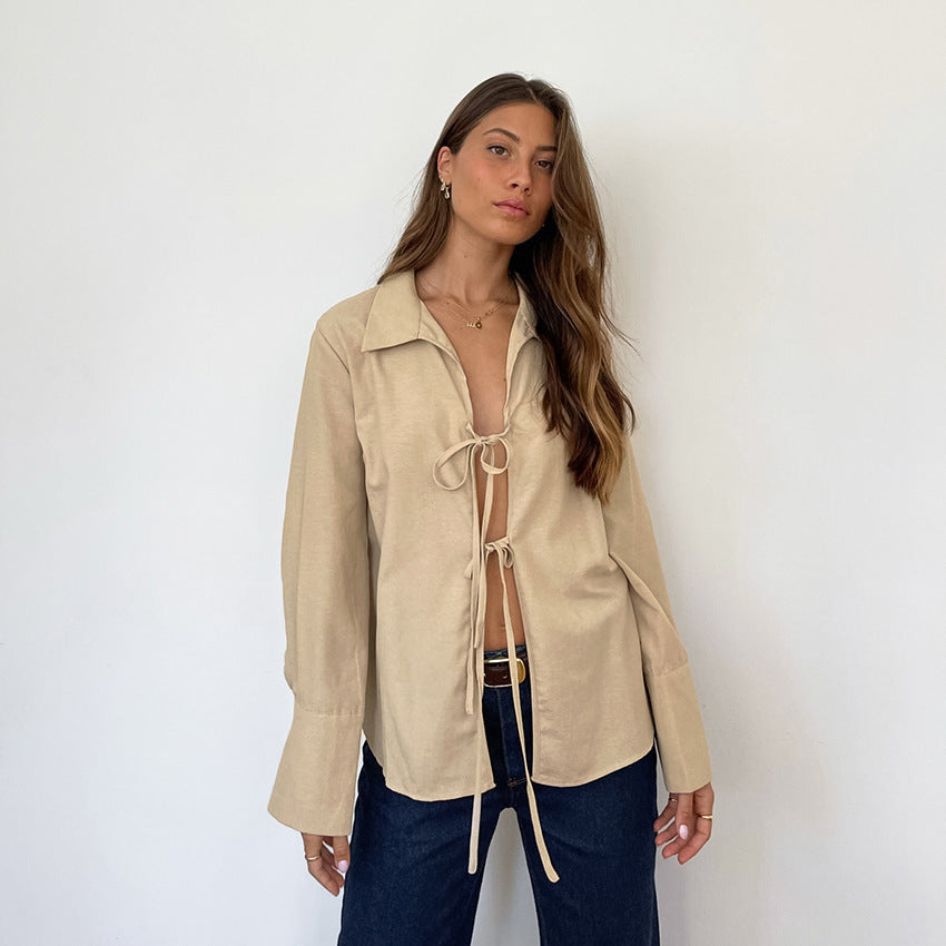 Casual Sexy See-through Loose Collared Long Sleeves White Cardigan Shirt Summer Cotton Linen Shirt for Women