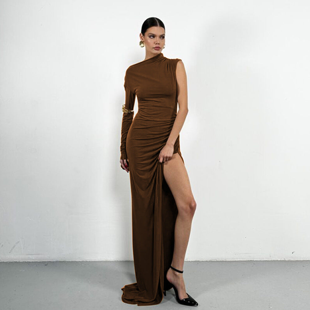 Women Elegant Dress Sexy One Shoulder Sleeves Solid Color Split Slim Dress Long