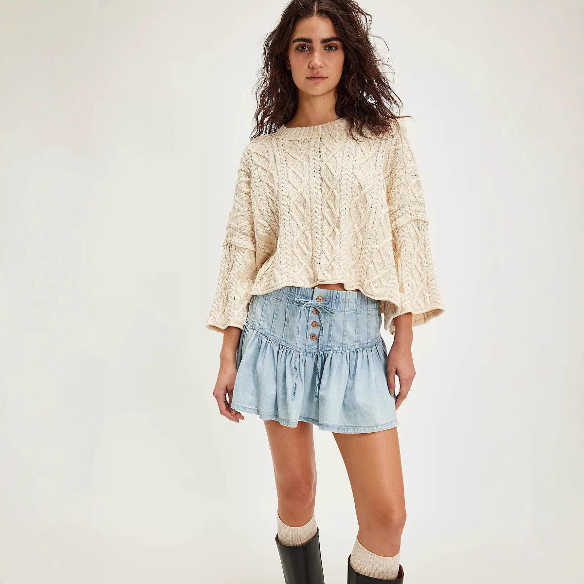 Spring High Waist A line Casual All Match Retro Denim Pleated Skirt