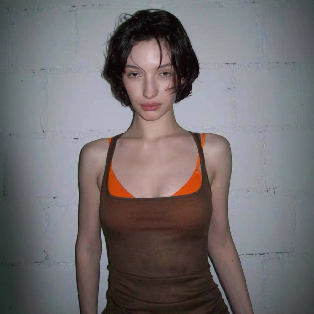 Street Casual Two Piece Set Contrast Color Bandage Dress Vest Sexy I Shaped Outer Wear Underwear Sling Top