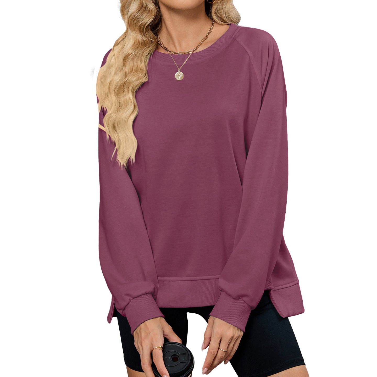 Autumn Winter Solid Color Thread round Neck Long Sleeve Loose Sweatshirt Women Top