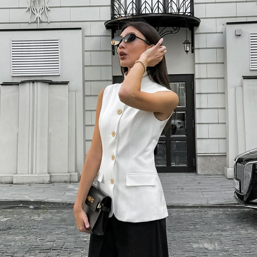 Fashionable Elegant Sleeveless Vest Top Spring Summer White Small Stand Collar Office Casual Shirt