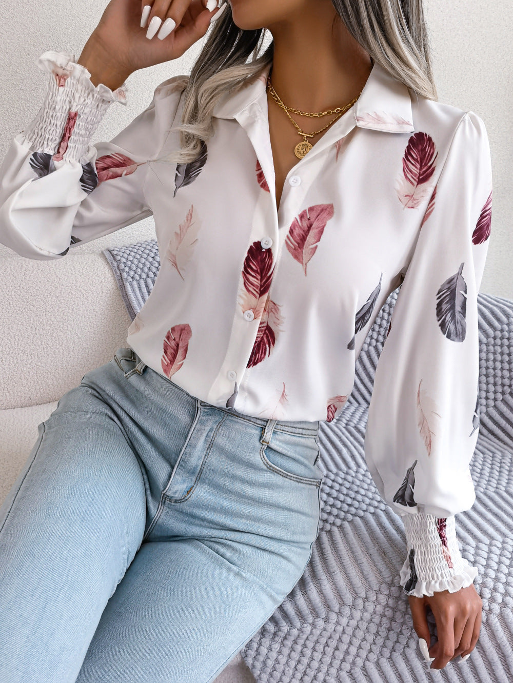 Spring Summer Elegant Feather Lantern Sleeve Collared Shirt Women Clothing